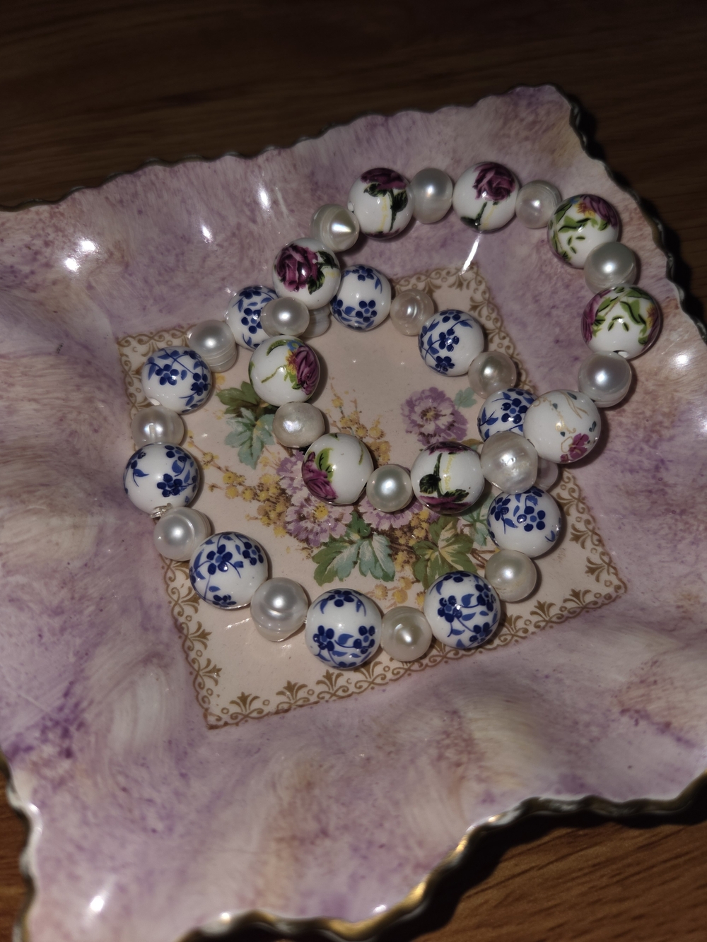 Cottage/Fairy Core Floral Ceramic Bead and Fresh Water Pearl Stretch Bracelets